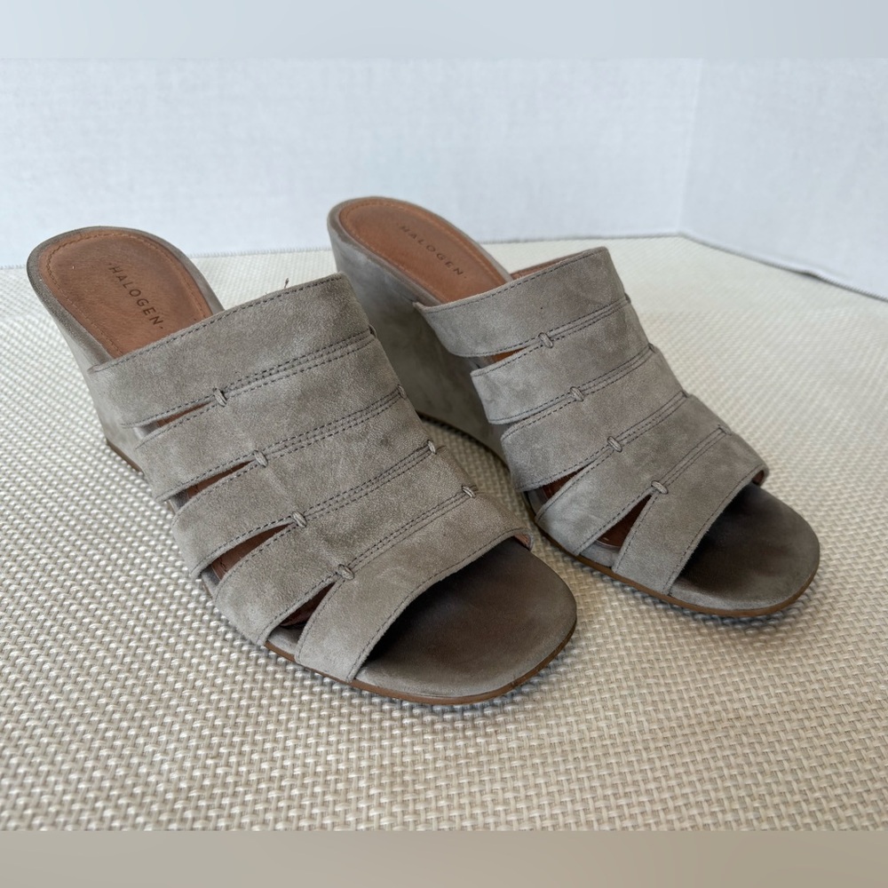 Halogen Size 8 Taupe Grey Suede Leather Slide On Wedge Shoes Heels